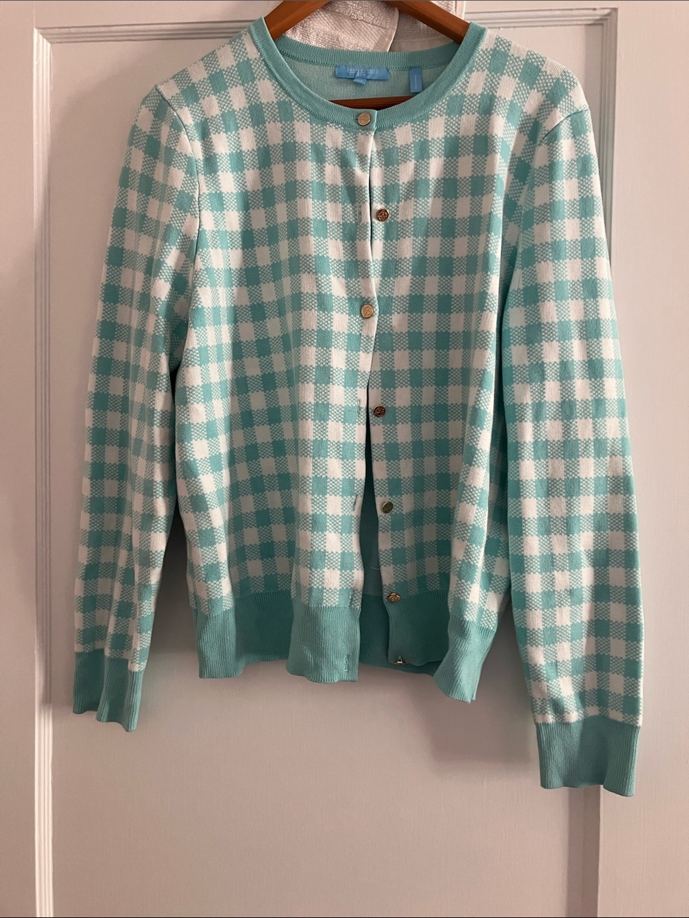Draper James Aqua and White Gingham Knit Cardigan with Gold-Tone Button